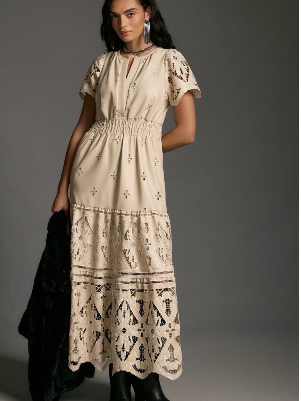 Anthropologie Somerset Cream Faux Leather Eyelet Lace Maxi with Smocked Waist